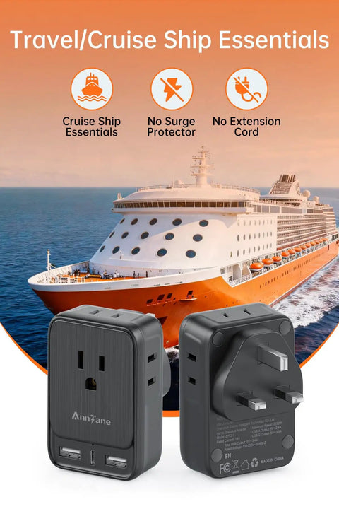 UK Travel Power Adapter Type G With 4 Outlets And 3 USB Ports USB C 7 In 1 International Travel Plug Converter for cruise ships