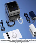 Bluetooth Thermal Shipping Label Printer For 4x6 Rolls And Wide Fan Fold Paper With Spacious Built In Storage Tray with accessories