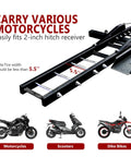 Car Hitch Motorcycle Carrier 500 Lb Heavy Duty Steel Dirt Bike Rack With Loading Ramp Anti Tilt Locking Device close-up view