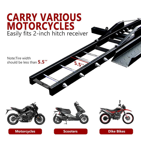 Car Hitch Motorcycle Carrier 500 Lb Heavy Duty Steel Dirt Bike Rack With Loading Ramp Anti Tilt Locking Device close-up view