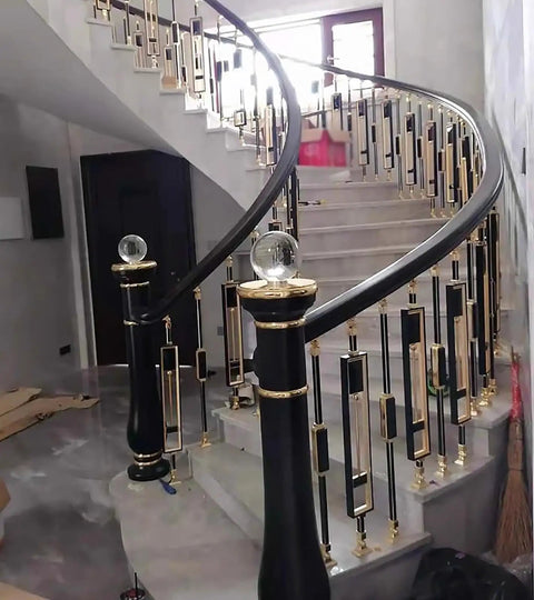 Solid As A Rock Adjustable Aluminum Baluster Spindle Kit For Porch Staircase Flexible 0 To 270 Degree Tilt handrail on curved staircase.