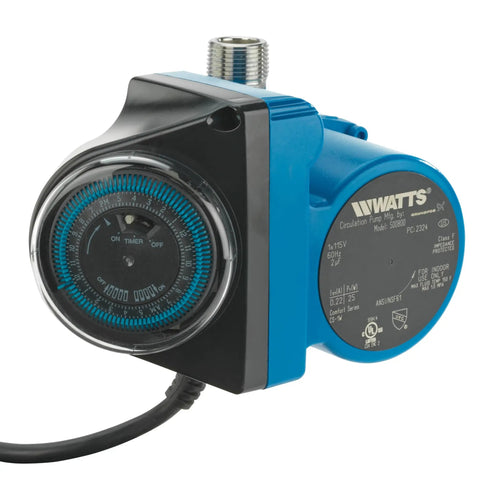 Hot Water Recirculation System With Programmable Timer for instant hot water, showing blue pump with timer dial and electrical cord.
