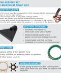 Extra service kit for Portable 12V DC Water Transfer Pump, with alligator clamps, suction strainer, 6-foot hose, and impeller gasket