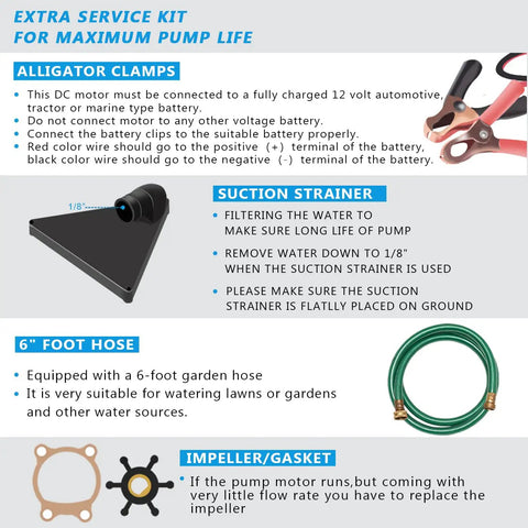 Extra service kit for Portable 12V DC Water Transfer Pump, with alligator clamps, suction strainer, 6-foot hose, and impeller gasket