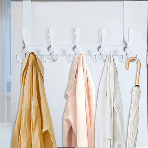 Over The Door Hook Rack With 5 Tri Hooks For Coats And Towels, Space Saver Door Hanger, White Finish, Back Of Door Mount