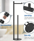 Free Standing Black Toilet Paper Holder Stand With Reserve Storage Space Saving Bathroom Roll Holder features anti-drop, non-slip base, and easy assembly.