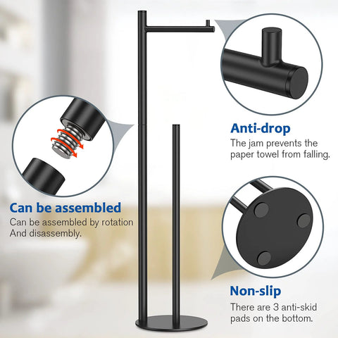 Free Standing Black Toilet Paper Holder Stand With Reserve Storage Space Saving Bathroom Roll Holder features anti-drop, non-slip base, and easy assembly.