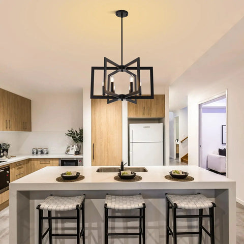 Killer 22 Inch Black Chandelier With Six Geometric Farmhouse Lights, Modern Industrial Pendant Fixture over kitchen island.