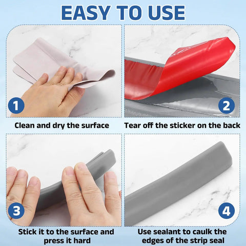 Step-by-step installation of Flexible Shower Water Barrier Edge Guard 118 Inch TPE Splash Stopper for wet-dry separation.