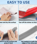Installation steps for Flexible Shower Water Barrier Edge Guard 118 Inch TPE Splash Stopper showing cleaning, peeling, and sealing.