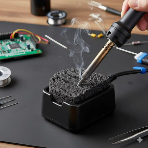 Soldering Iron Cleaning Sponge Set 10 Piece 50x60x10mm in use on electronics workbench, visible with steam.