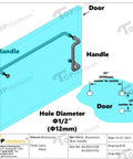 Premium Aluminum Push Bar With 10 Inch Center To Center Pull Handle Set In Satin Brush Finish For Glass And Metal Storefront Doors, Heavy Duty Commercial Door Hardware For High Traffic Areas. Diagram of aluminum push bar on glass door, 33 inch bar, 10 inch pull spacing