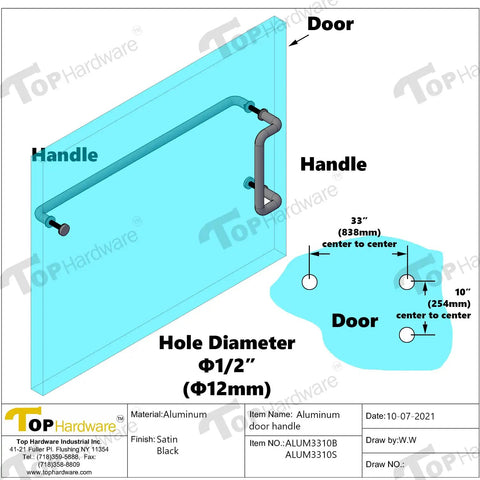 Premium Aluminum Push Bar With 10 Inch Center To Center Pull Handle Set In Satin Brush Finish For Glass And Metal Storefront Doors, Heavy Duty Commercial Door Hardware For High Traffic Areas. Diagram of aluminum push bar on glass door, 33 inch bar, 10 inch pull spacing