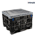 Pack Of 25 Clear Elastic Covers For 65 Inch Square Gaylord Boxes protecting a black plastic pallet with clear stretch shroud.