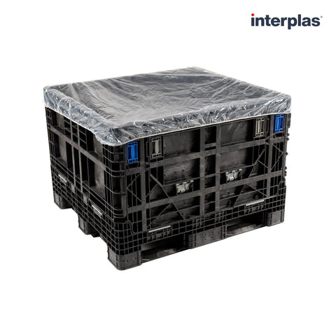 Pack Of 25 Clear Elastic Covers For 65 Inch Square Gaylord Boxes protecting a black plastic pallet with clear stretch shroud.