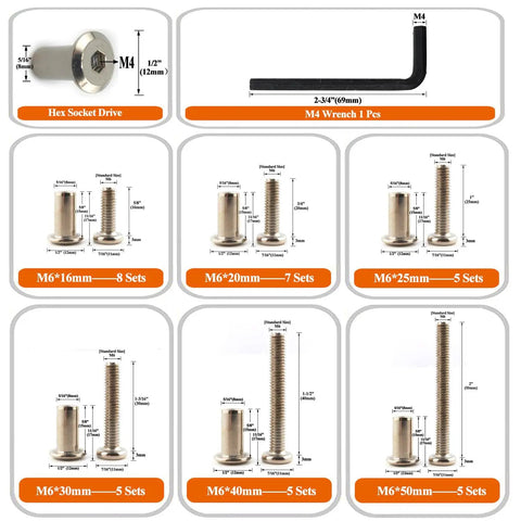 M6 Hex Drive Socket Cap Bolts Screws Kit For Furniture DIY Projects with M4 wrench, various bolt sizes from 16mm to 50mm