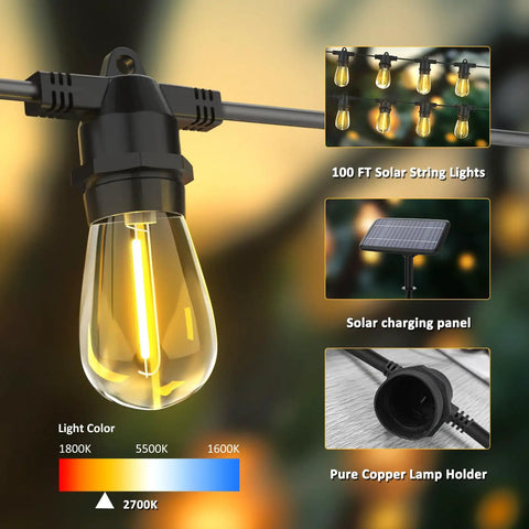 100 Ft Solar Powered LED String Lights For Outdoor Patio And Backyard Dope Vibe Waterproof And Shatterproof With 30 Bulbs Dusk To Dawn Hanging Lights For Garden Deck Camping And Party Decor
