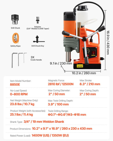 Velvet Soft Vevor 1400 Watt Portable Magnetic Drill Press with 2 inch boring diameter and 800 RPM adjustable speed.