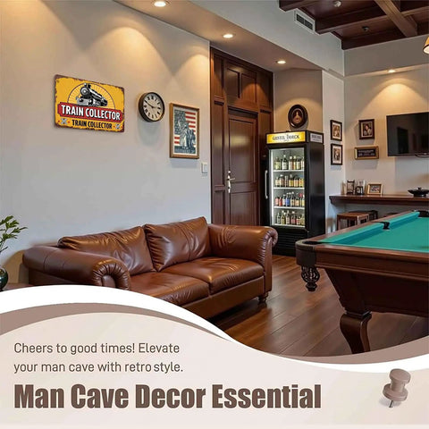 Steam Locomotive Metal Sign 8x12 Inches Aluminum Wall Decor showcased in a stylish man cave with couch and pool table.
