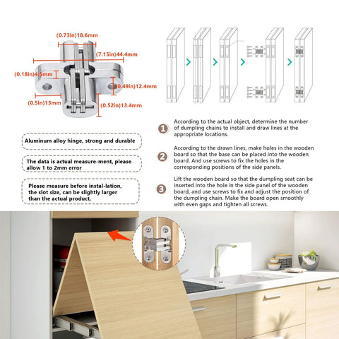 Diagram of Beefy Aluminum Telescopic Cabinet Drawer Slide Rail for Concealed Desks and Kitchen Countertops, showing measurements and installation instructions.