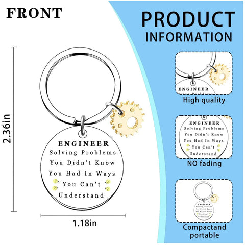 Front view of Engineering Keychain For Men with engraved text, 2.36 inches tall, metal ring 1.18 inches, appreciation gift.