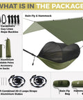 Package contents of All-In-One Camping Hammock System With Net And Rain Fly, includes straps, poles, stakes, and bags.