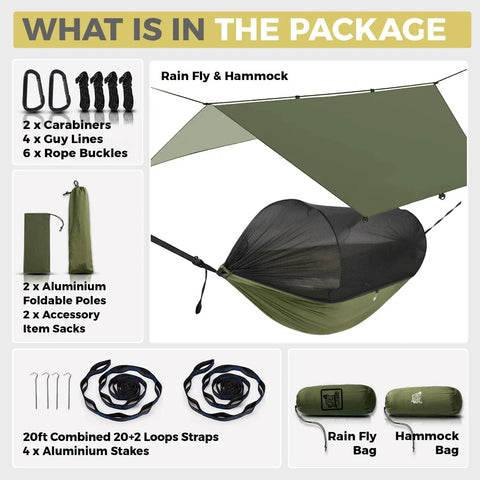 Package contents of All-In-One Camping Hammock System With Net And Rain Fly, includes straps, poles, stakes, and bags.