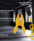 Front view of yellow HVAC temperature clamp with banana plug adapter; 40-inch lead, -40 to 392°F range.