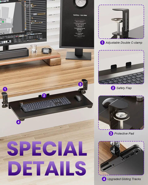 Under Desk Keyboard And Mouse Tray With Pull Out Slide, Adjustable C Clamp, 20 Inch By 11.8 Inch Surface, ergonomic details.
