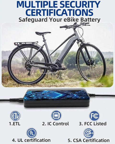 Fast 42V 2A Smart Charger For Bosch E Bike Batteries 36V Lithium Compatible with security certifications displayed