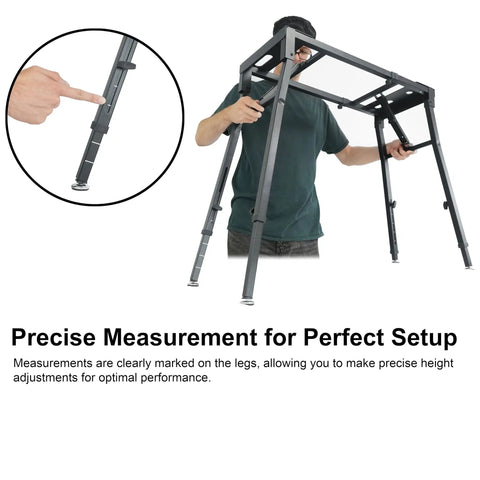 Adjustable Platform Keyboard Stand For Live Gigs And Studio Use with person demonstrating height adjustment and swivel feet.