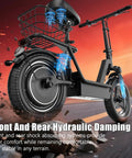 Electric Scooter With Seat For Adults 1000 To 1400 Watt Peak Motor Delivers Up To 25 MPH And A 30 To 45 Mile Range 14 Inch Foldable Escooter With Multi Suspension For Commuting Travel And Shopping, showing front and rear hydraulic damping.