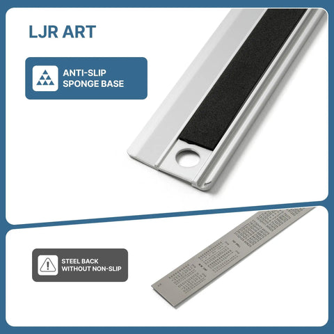 Close-up of a 12 Inch Aluminum Ruler With Dual Inch And Metric Scales, showing anti-slip base and precise markings for drafting.