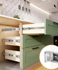 Heavy Duty Soft Close Drawer Slides And Replacement Socks That Glide Like Butter With Zero Jamming Issues Featuring A Rock Solid Rear Bracket For Full Extension Cabinet Drawers Rated At Two Hundred Pounds showing smooth sliding drawers in a green cabinet.