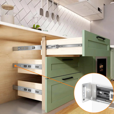Heavy Duty Soft Close Drawer Slides And Replacement Socks That Glide Like Butter With Zero Jamming Issues Featuring A Rock Solid Rear Bracket For Full Extension Cabinet Drawers Rated At Two Hundred Pounds showing smooth sliding drawers in a green cabinet.