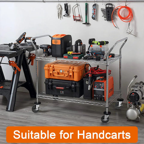 Four Inch Brake Stem Casters With Lock Nuts Swivel Rubber Wheels on a tool cart loaded with equipment for handcarts