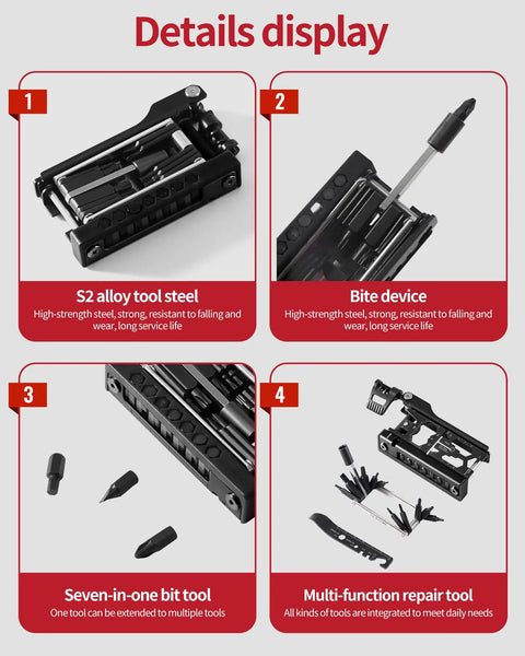 Detailed view of 38 In 1 Bike Repair Kit with chain levers, hex spoke wrench, crank puller, and splitter tool components.