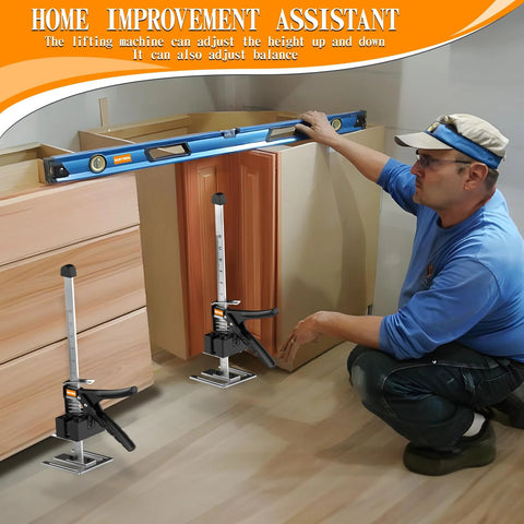 RENYINDA labor-saving arm jack front view, 10-inch lift, 300 lb capacity, shown with level.