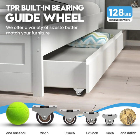 1.5 Inch Fixed Caster Wheels Low Profile TPR Rubber Casters For Furniture Drawers Storage Boxes Includes Silver Hardware 4 Pack showcased under a bed.
