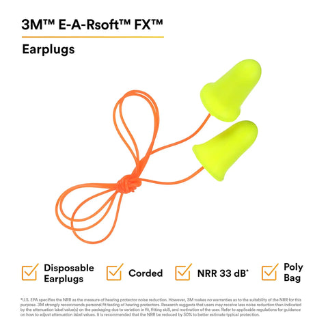 E A Rsoft FX 312-1260 Disposable Foam Ear Plugs, 200 Pairs Per Box, Corded, NRR 33 Noise Reduction For Drilling Grinding