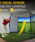 Golfer using 11x8Ft Golf Practice Net With Impact Screen, Big Backyard Hitting Cage For Full Swing, Indoor Outdoor Setup.