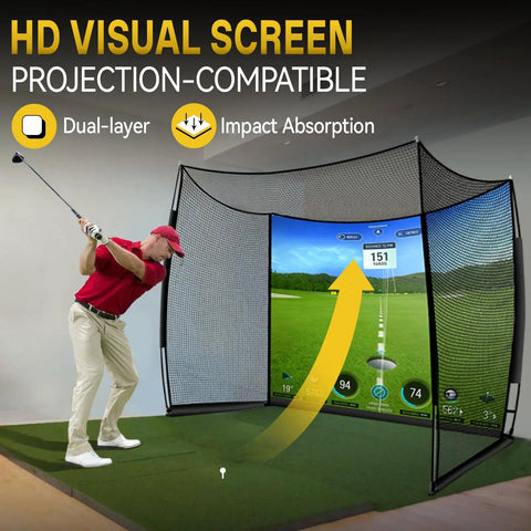 Golfer using 11x8Ft Golf Practice Net With Impact Screen, Big Backyard Hitting Cage For Full Swing, Indoor Outdoor Setup.