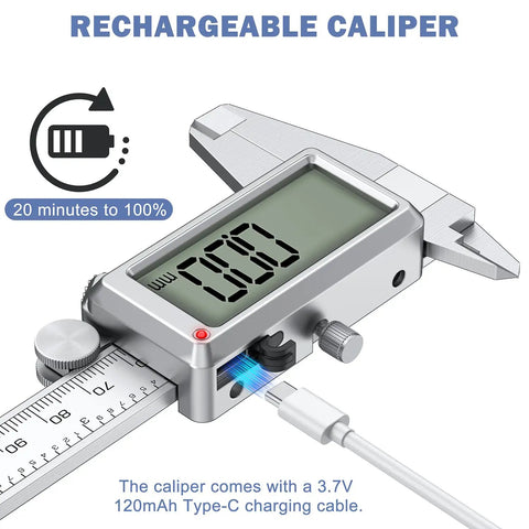 Go-To 6 Inch Digital Caliper With Rechargeable Battery, Inches To Millimeters Conversion, Big LCD Screen, USB charging