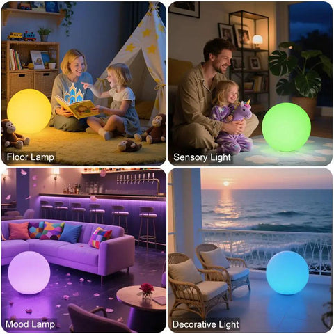 14 Inch LED Ball Light Outdoor Indoor Globe Lamp with Remote used as floor, sensory, mood, and decorative light settings