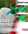 Close-up of G390 Hose End Sprayer filling with liquid, showing on/off lever and hose connection for easy use and control.