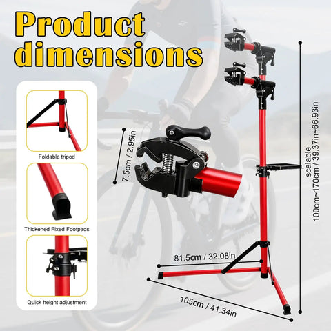 Heavy Duty E Bike Repair Stand With 110 Lbs Capacity, red foldable aluminum maintenance rack with dimensions and features