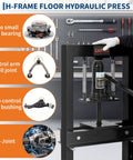 H-Frame Floor Hydraulic Press in use, showcasing hydraulic cylinder and automotive parts, Tough As Nails Six Ton H Frame Hydraulic Shop Press Heavy Duty Steel Workhorse Delivering Badass Crushing Force For Precision Metal Bending Punching And Serious Garage Grind.