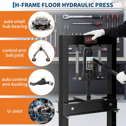 H-Frame Floor Hydraulic Press in use, showcasing hydraulic cylinder and automotive parts, Tough As Nails Six Ton H Frame Hydraulic Shop Press Heavy Duty Steel Workhorse Delivering Badass Crushing Force For Precision Metal Bending Punching And Serious Garage Grind.