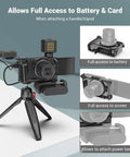 Formfitting Camera Cage For Sony ZV-1 II ZV-1F ZV-1 with silicone gel grip showing battery and card access on tripod