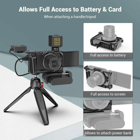 Formfitting Camera Cage For Sony ZV-1 II ZV-1F ZV-1 with silicone gel grip showing battery and card access on tripod